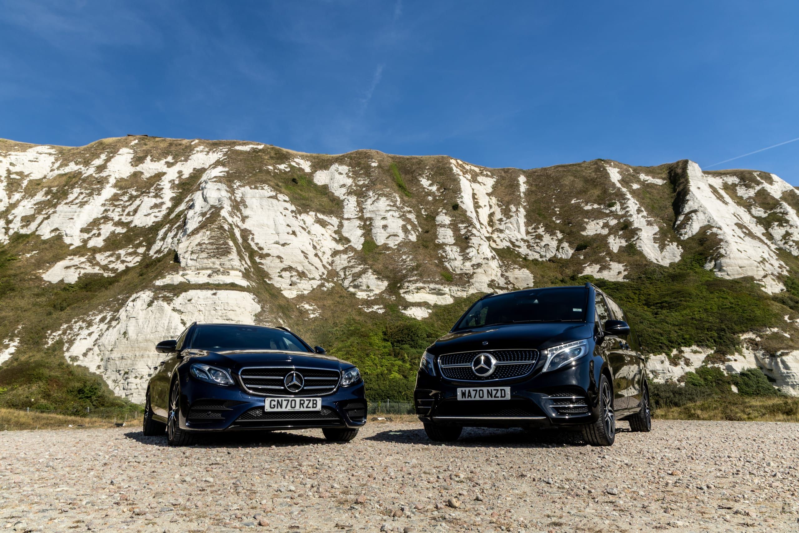 White Cliffs Chauffeurs Mercedes-Benz E-Class and V-Class below the white cliffs of Dover
